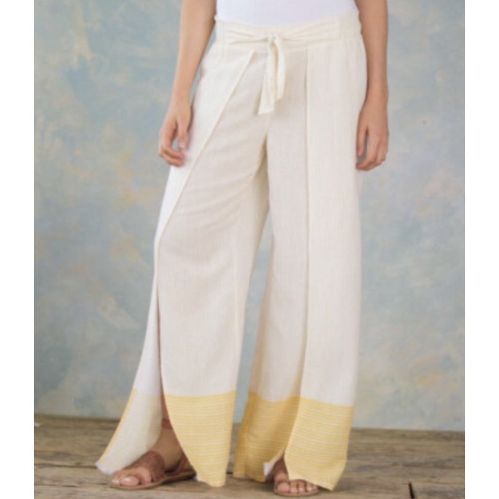 Sundance Catalog Sunshine Striped Yellow Wide Split Leg Pants Elastic Waist M